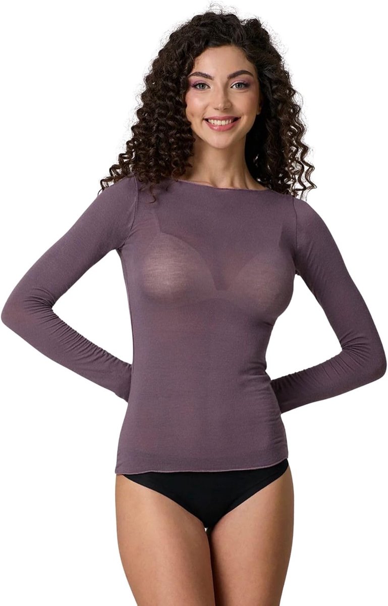 Dames-T-shirt met lange mouwen van modal en kasjmier, boothals, zacht en warm, effect als een tweede huid, licht ultralicht, soepel ondergoed