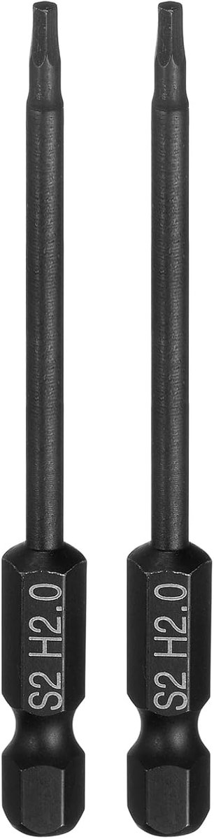 2 stuks platte zeskantbit H2.0 (2 mm) magnetische punt, zeskantschacht 1/4 inch, lengte 75 mm (3 inch), staal S2, schroevendraaierbit met zeskantkop, metrische dopsleutel, zwart