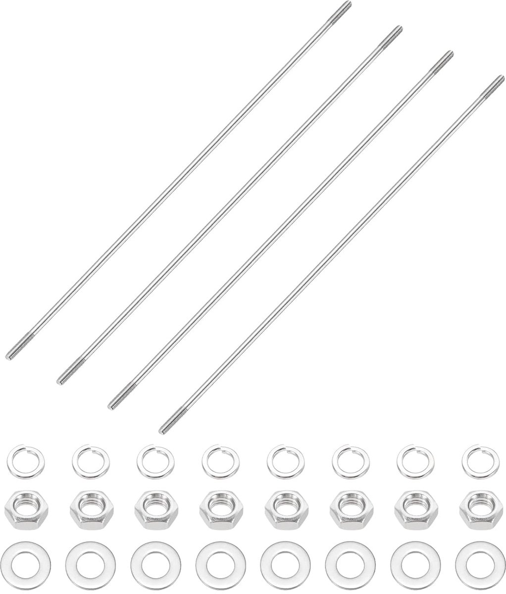 4 stuks M4 x 250 mm dubbele draadpennen uiteinde, 304 roestvrij staal, dubbele draadstangen met moer en sluitring voor huishoudelijk onderhoud, structuuranker bevestigingsschroeven