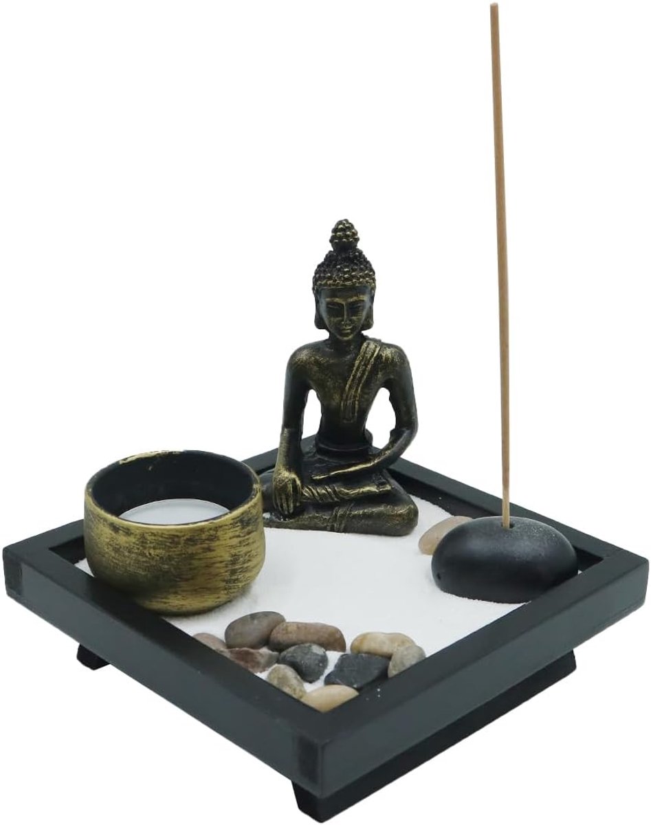 Zen-tuin Boeddhabeeld, rustset, grind, zand, wierookstokje, theelichthouder, geschikt voor thuis of op kantoor
