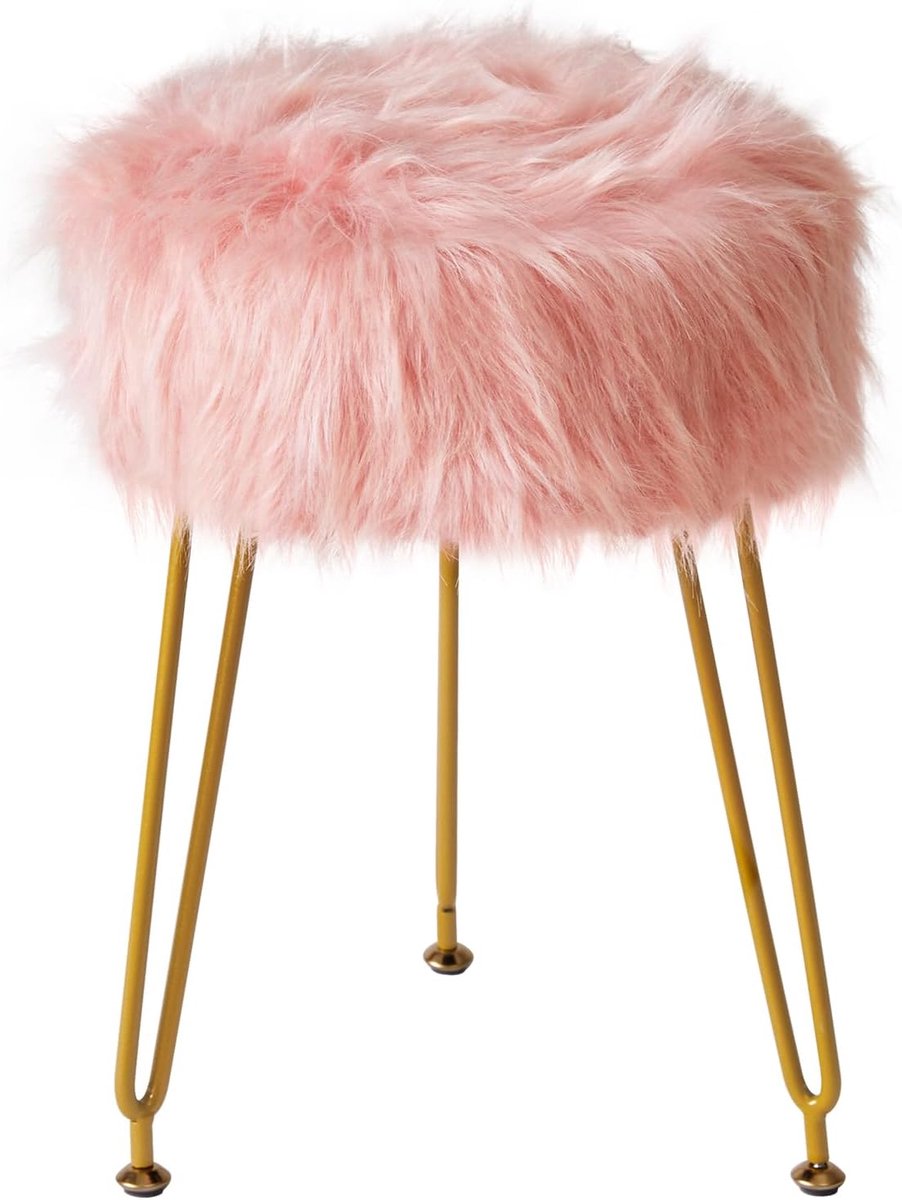Luxe stoel voor make-up, ronde poef met zachte, gevoerde zitting, kunstbont, Ottomaanse make-up kruk, voetsteun met 4 metalen poten, voor woonkamer, slaapkamer, entree, roze LG-32P