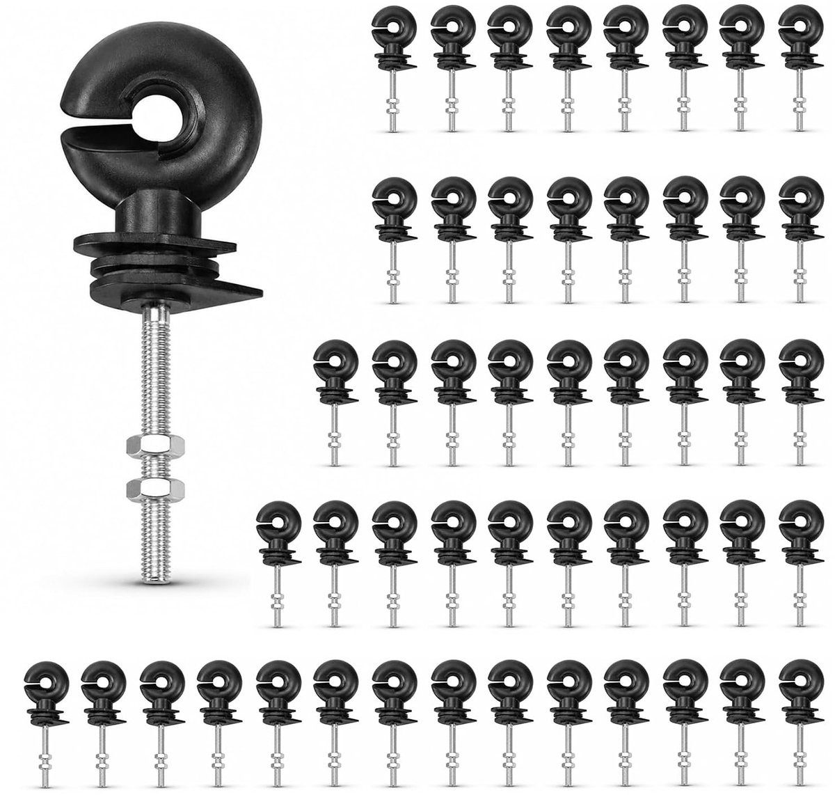 50 Stuks Weideafrastering Isolatoren M6 x 90 mm, Ringisolatoren voor Elektrische Afrastering en Houten Palen, Geschikt voor Draad, Koord en Touw tot 12 mm, Begin-, Rechte- en Hoekisolator, Zwart