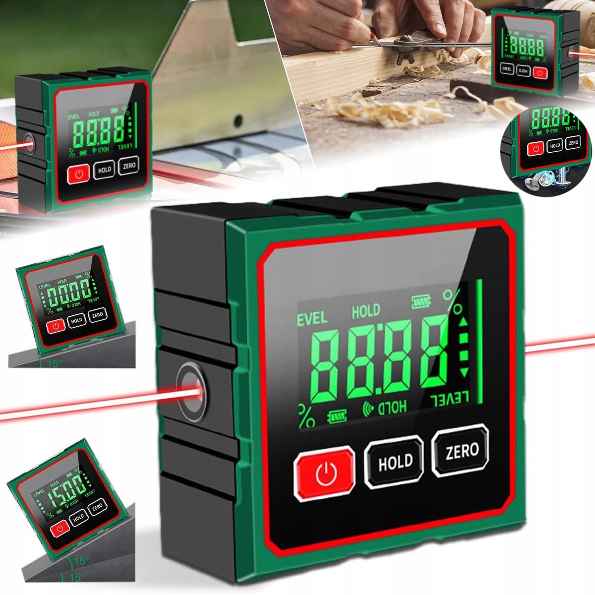 Merkloos Digitale waterpas gradenboog met LCD, magnetisch, Type-C opladen