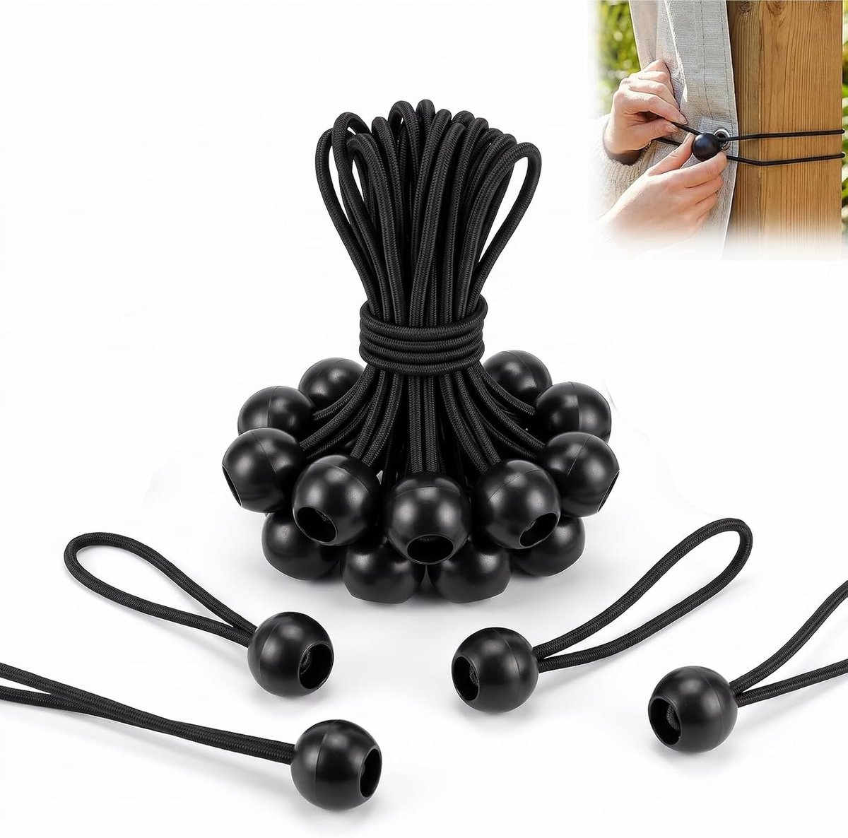 Elastisch koord met balletje 10 cm - latex en plastic - herbruikbaar - ideaal voor tenten en zeilen - ShopVlot