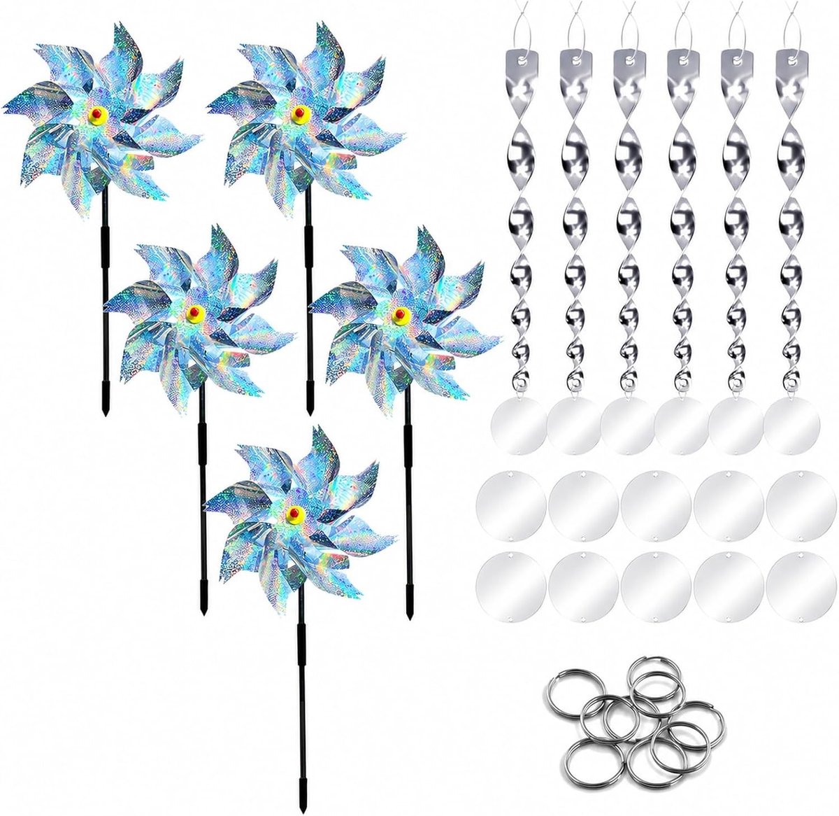 Windmolens, windmolen, duivenafstotend, windmolenset met 5 windwielen, 6 windspiralen, 12 reflectoren, vogelverschrikker voor tuin, terras en fruitbomen, 23 stuks