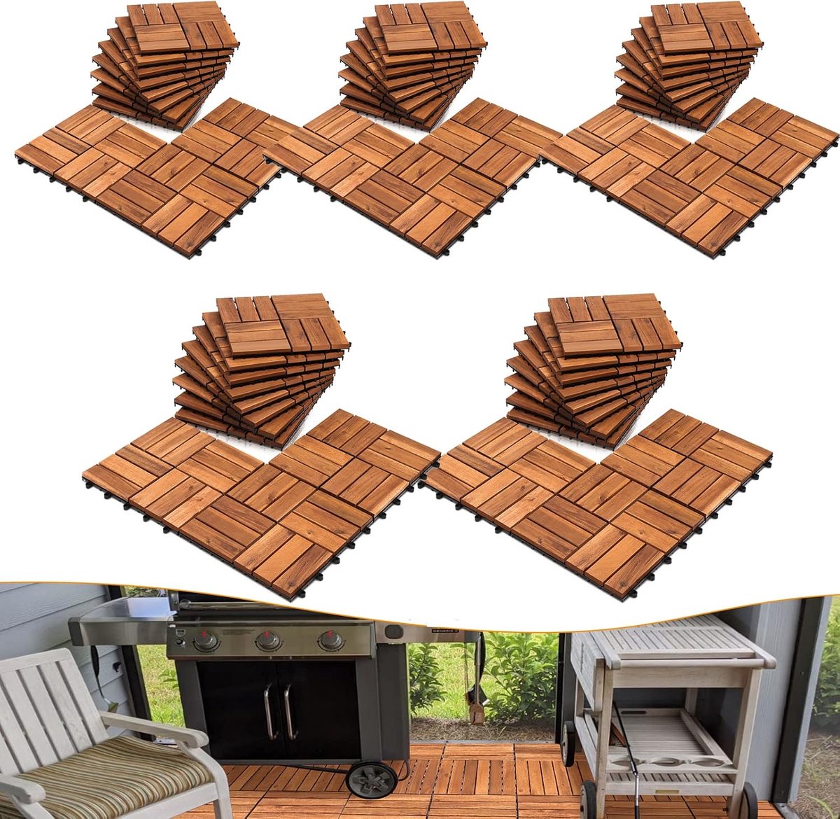 Houten tegels, 30 x 30 cm, vloertegels, 5 m², acaciahout, kliksysteem, weerbestendig, gemakkelijk te leggen, op maat te snijden, voor patioplaten, balkon, tegels, tuin, bruin, 55 stuks