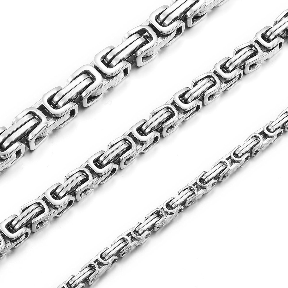 Koningsketting voor heren, Vikingketting, Byzantijnse schakelketting van roestvrij staal, zilver/zwart/goud, 50-70 cm