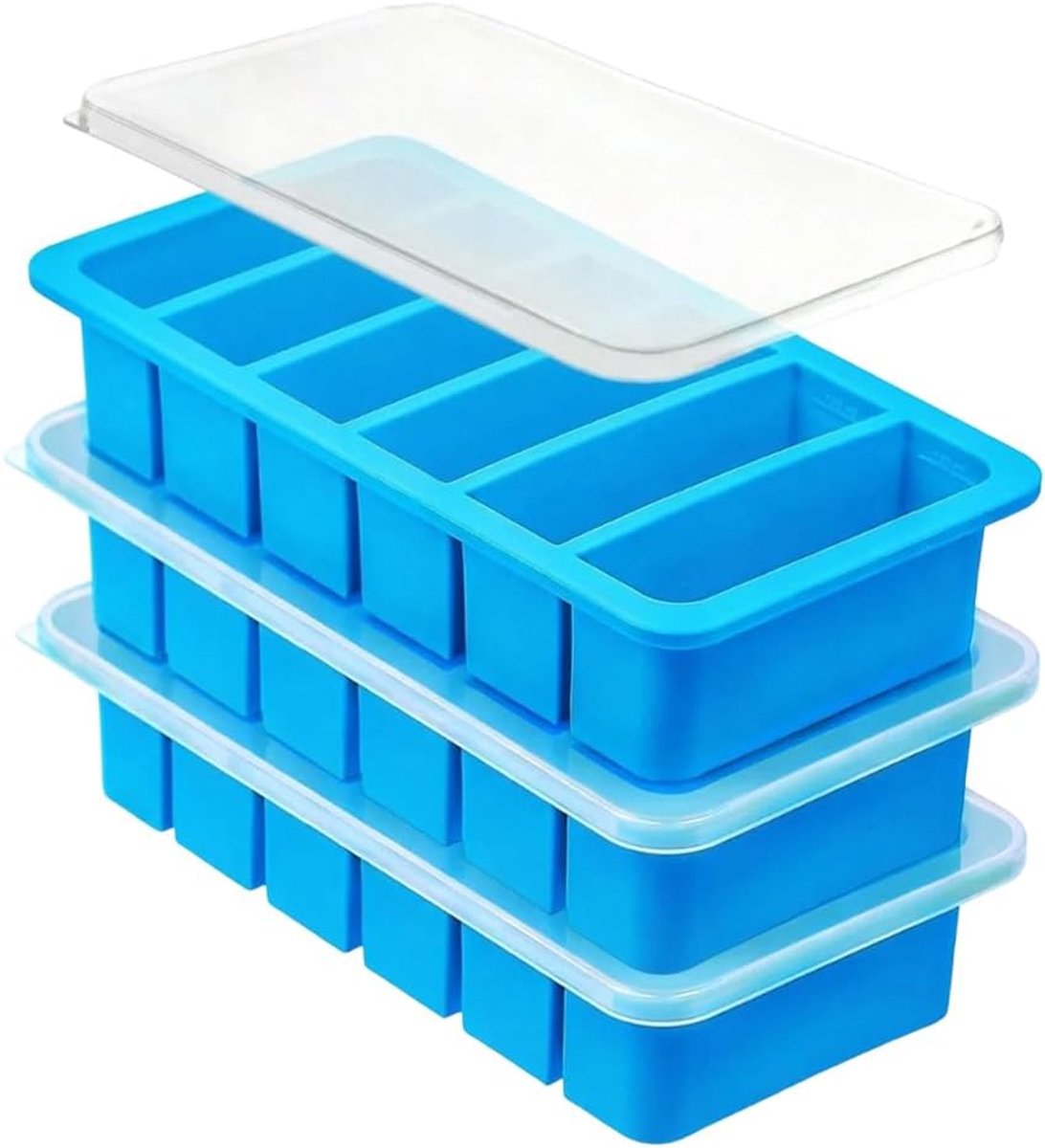 3 stuks bouillonblokjesvorm, soep, invriezen, bouillon en saus, invriezen 6 x 120 ml per container voor perfecte porties, praktische voedselcontainer van siliconen (blauw)