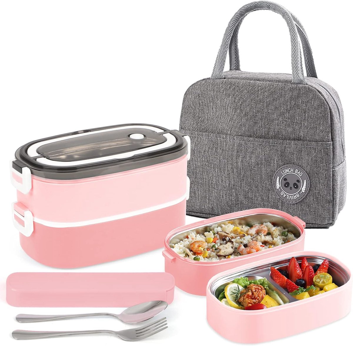 2-laagse bento-box met 3 compartimenten en bestek, lekvrije bento-lunchbox voor volwassen kinderen, voedselopslag, container voor bereiden van maaltijden, draagbare lunchbox met