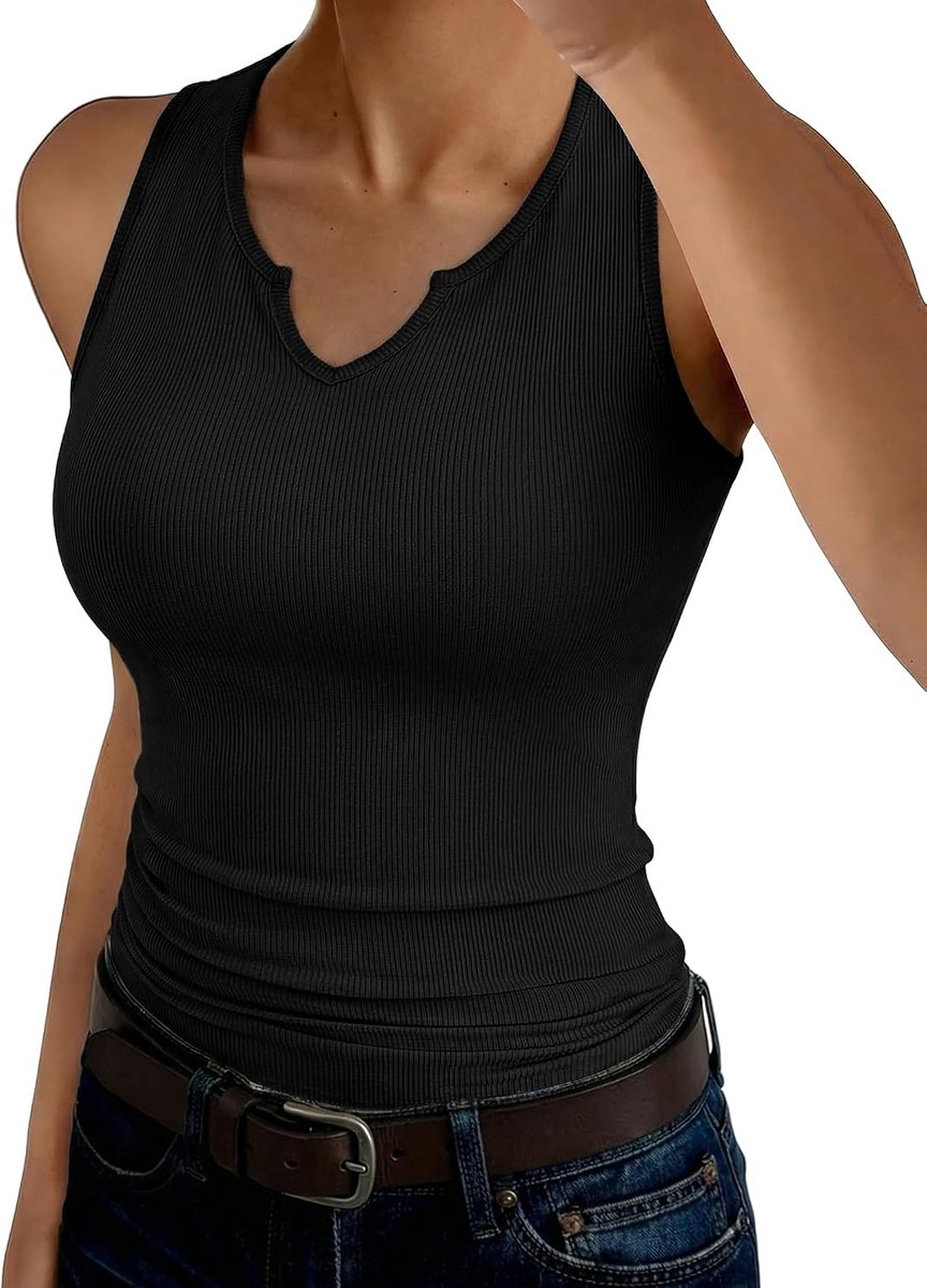 Tanktop voor dames, V-hals, bovenstuk, zomer, slimfit, tanktop, geribbeld, sexy tops, stretch, basic shirt, mouwloos, casual, effen