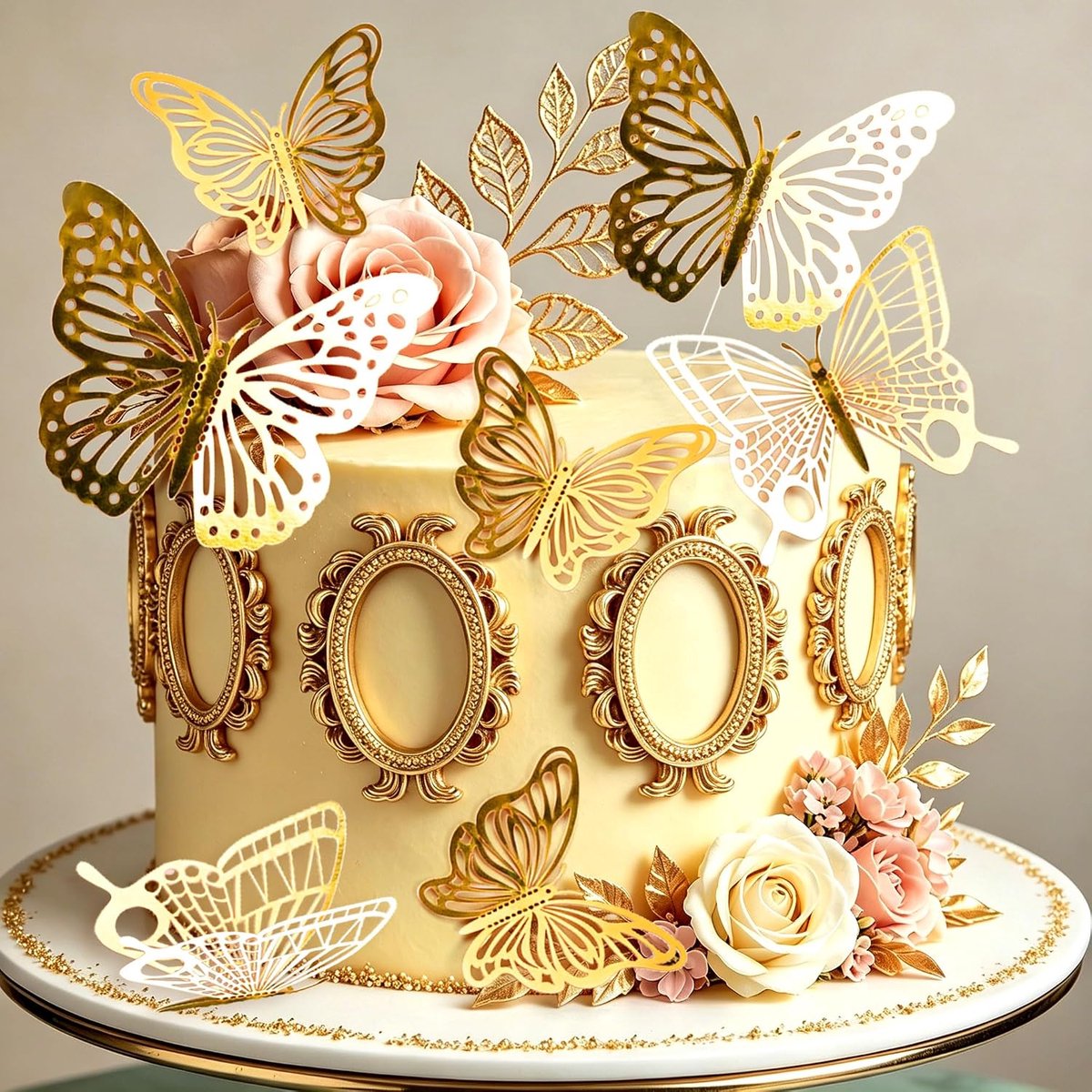 Gouden kader cakeversiering vlinder taartopzet | Gouden Kader Vlinder Taartversiering voor Koninklijke Theefeest Bruiloft en Huwelijksaanzoek