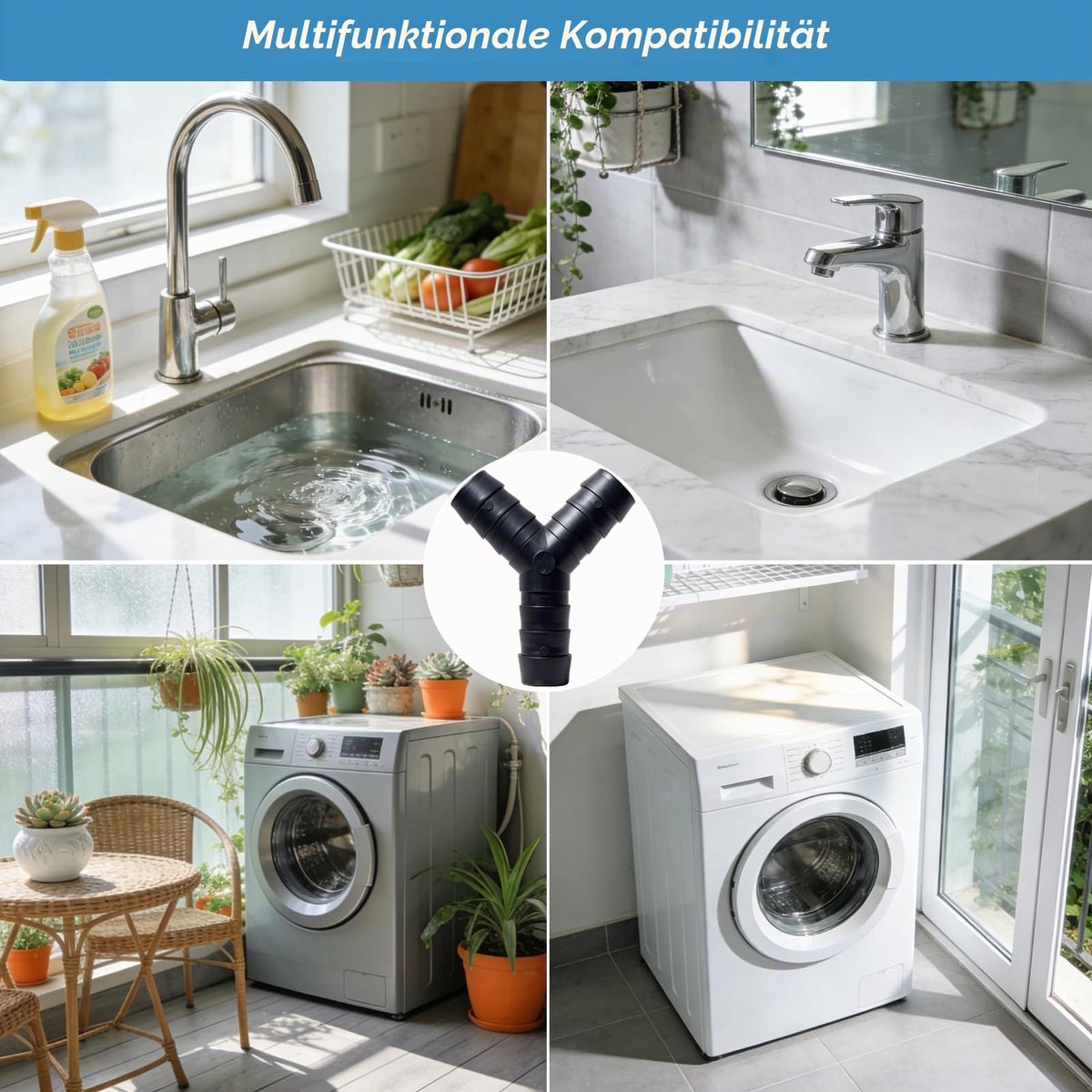 2-weg wasmachine afvoeradapter Y-verdeler met 3/4 inch (19 mm) aansluiting, Y-verdeler, wateraansluiting voor wasmachine en vaatwasser, inclusief 3 slangklemmen