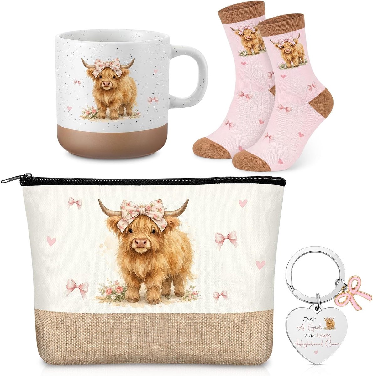 4 Stuks Cadeaus Met Schotse Hooglandkoe Voor Vrouwen Inclusief Make-Uptasje Sleutelhangertje Mok en Sokken Cadeaus Voor Dierenliefhebbers Voor Moeder Tante Vriendinnen Collega
