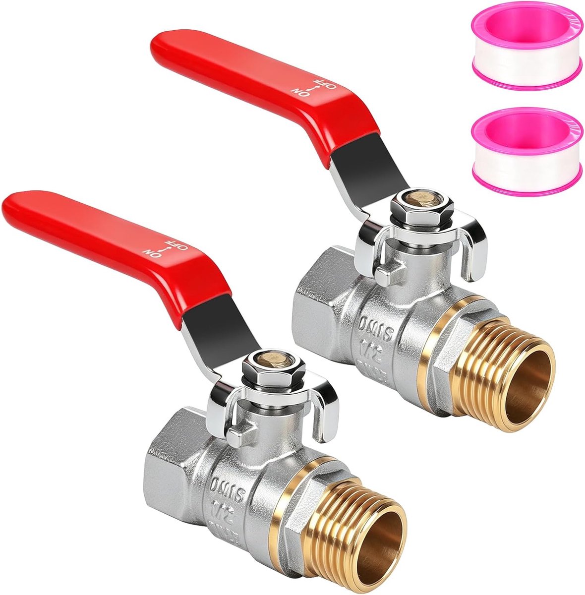 2 stuks kogelkraan 1/2 inch, afsluitkraan messing PN25 DN15 | Afsluitkraan 1/2 inch met rode hendelgreep, 1/2 kogelkraan voor water, gas sanitair, met 2 teflon afdichtingstape