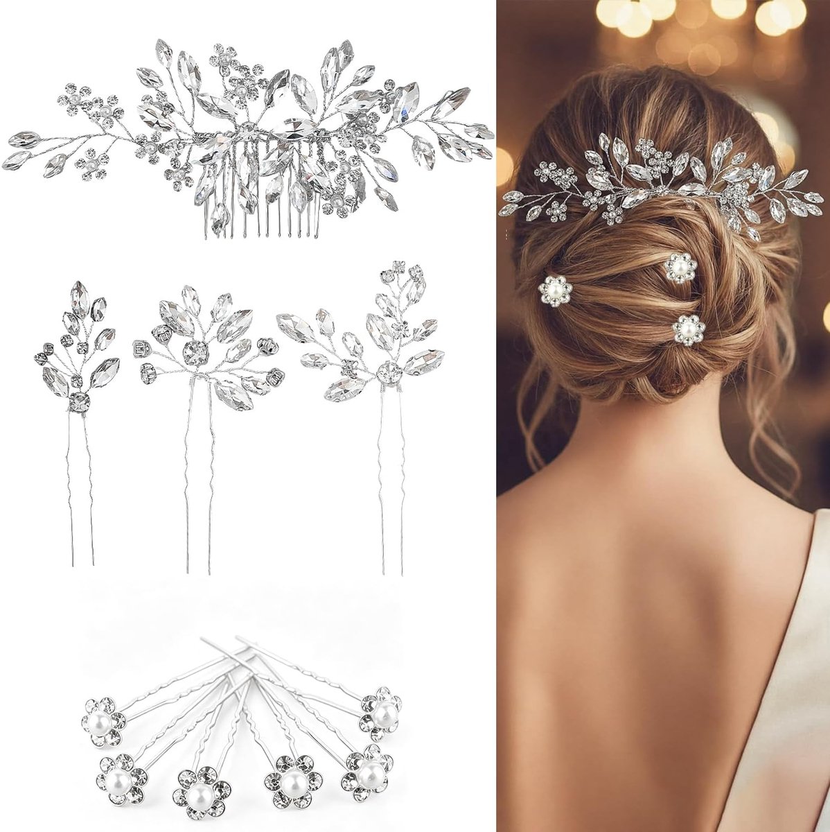 4 Stuks Bruiloft Haaraccessoires voor Dames, Kristallen Rijnsteen Bruidshaarpinnen en 6 Stuks Bloemhaarpinnen voor Bruiden en Bruidsmeisjes (Zilver)