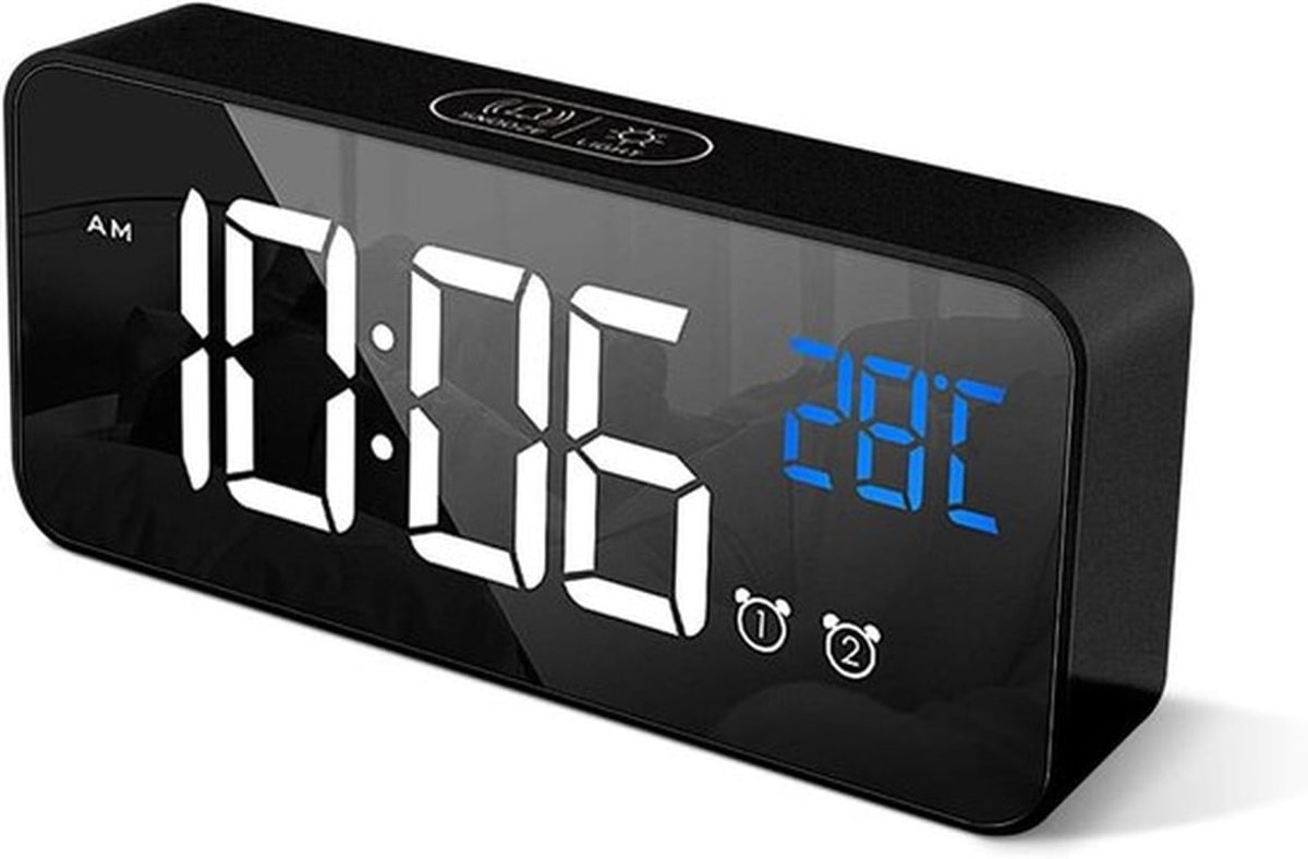 Digitale wekker - met LED-temperatuurweergave - draagbare spiegelwekker - 4 niveaus instelbare helderheid - 13 muziek - USB-oplaadfunctie