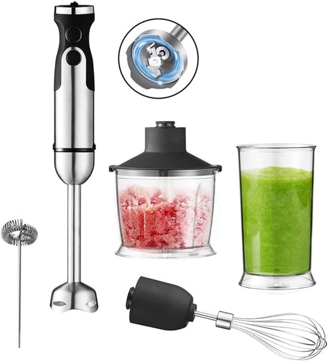 Staafmixer - Elektrische blender - Multifunctionele blender - 5-in-1 roestvrijstalen staafmixer - met turbinestand - met variabele snelheid en snijder - blender en schuimer - Geschikt voor het maken van smoothies - sappen - Bakbenodigdheden