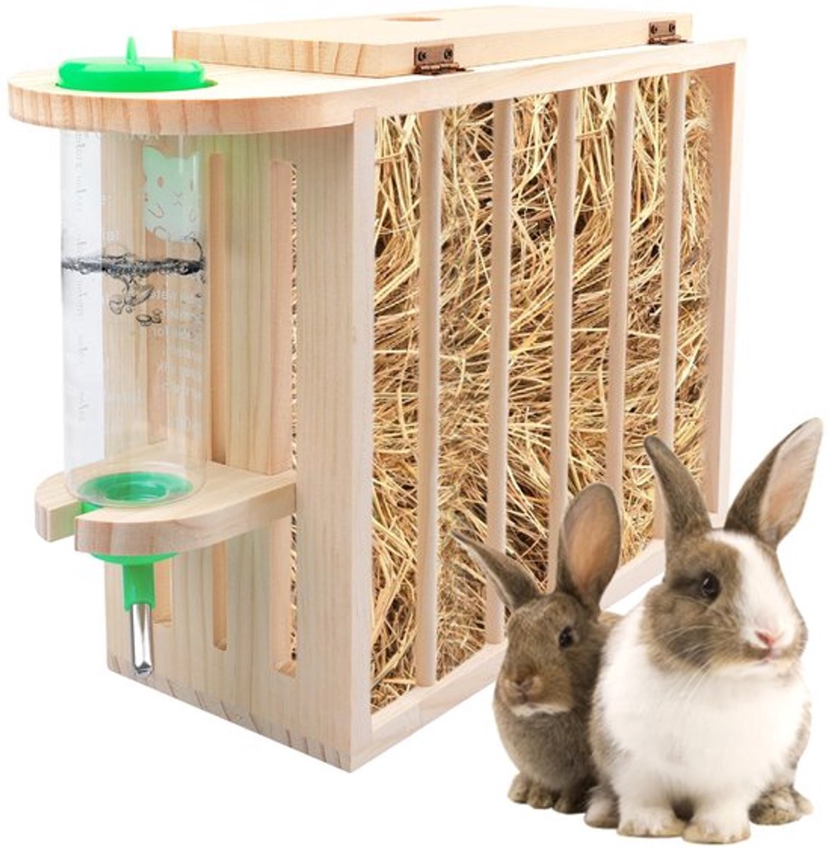 Houten Hooi Rack voor Konijnen met Waterfles, Hooi Molen, Hoogte Verstelbaar, Cavia's, Hooi Rack voor Cavia's, Konijn, Chinchilla's, Hamsters