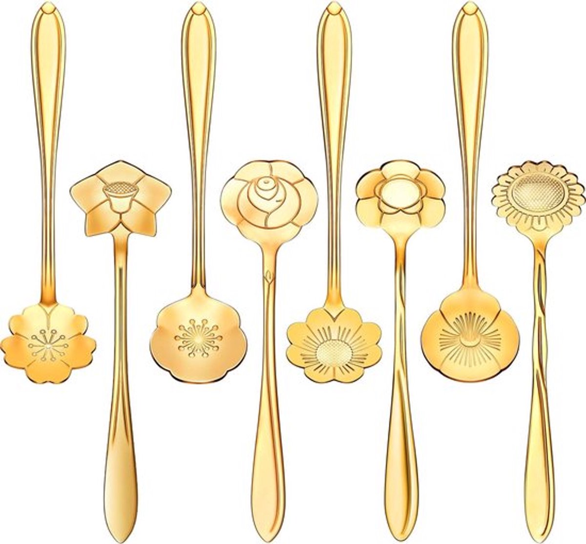 8-pack bloemvormige koffielepels - 12,5 × 2,6 cm - Suikerlepels van roestvrij staal - Perfect voor theekransjes, luxe serviesset met roerstokjes, creatieve roerlepels - 8 verschillende patronen - Goud