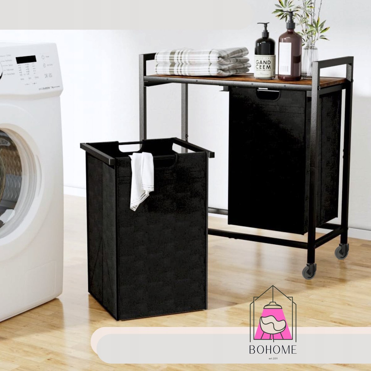 Merkloos Mobiele wassorteerder met 2 vakken, 73x33x72cm, beige/zwart