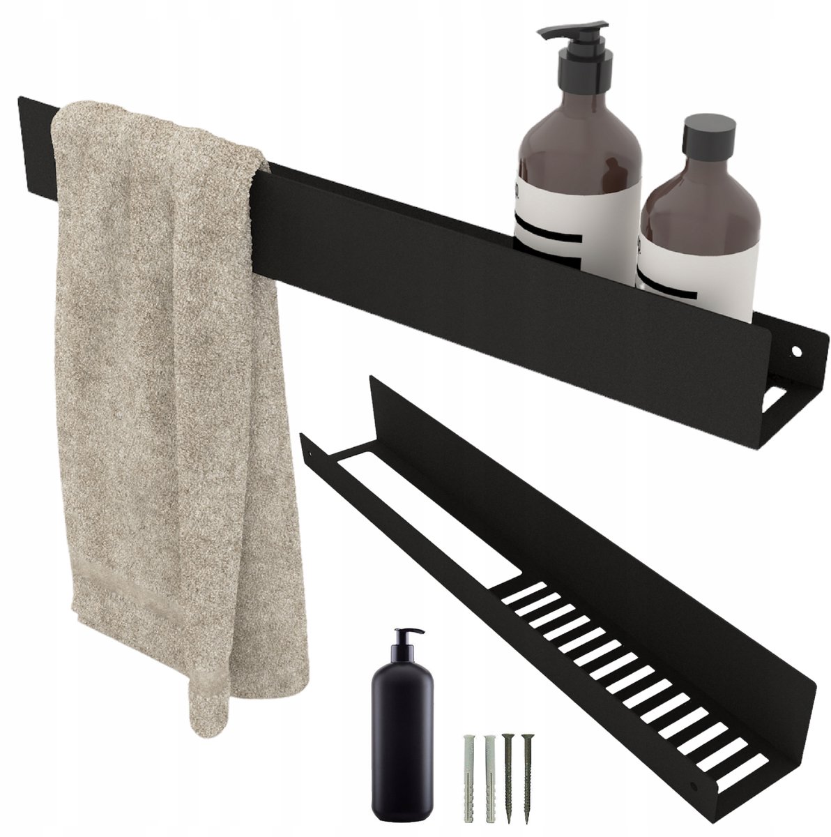 Merkloos Merkloze zwarte badkamerplank met handdoekhouder - 62 cm
