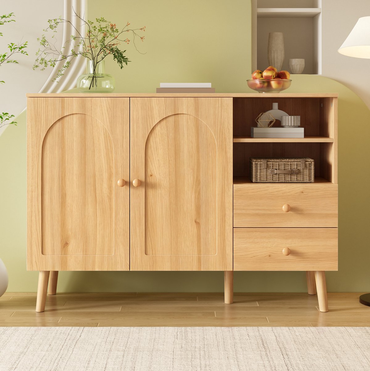 MODENUIT Dressoir - Gebogen Deuren Met Lades - Woonkamer En Hal - MDF En Spaanplaat - Naturel - 118x35x82 Cm