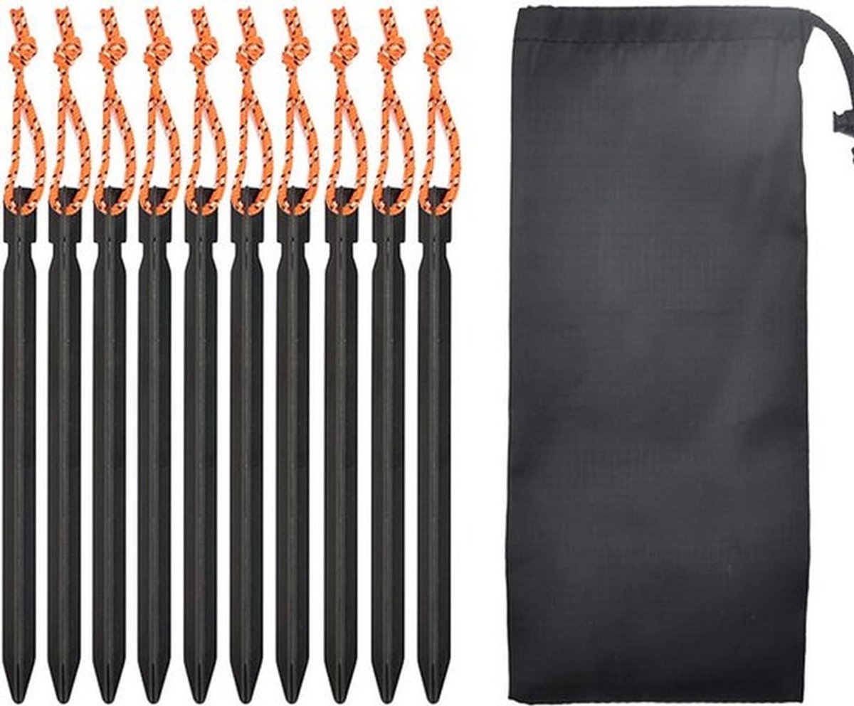 Tentharingen 10 stuks - V-shape Haringen 18cm - Grondpennnen - zandharingenset - lange haringen - Hexagon Haringen - Aluminium Haringen Tent - Zeer sterk - Grondpen/tentharing - Inclusief Trekkoord en Haringzak - kamperen en tent