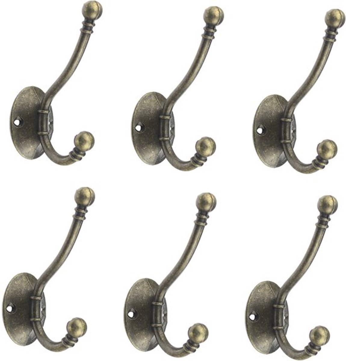 6 Stuks - Kledinghaak - Bronzen - 9,6*5,6 cm - Zinklegering - Ophanghaken - Dubbele haak - Handdoekhaak - Kapstok - Kapstokhaken met schroeven - Muurhaken