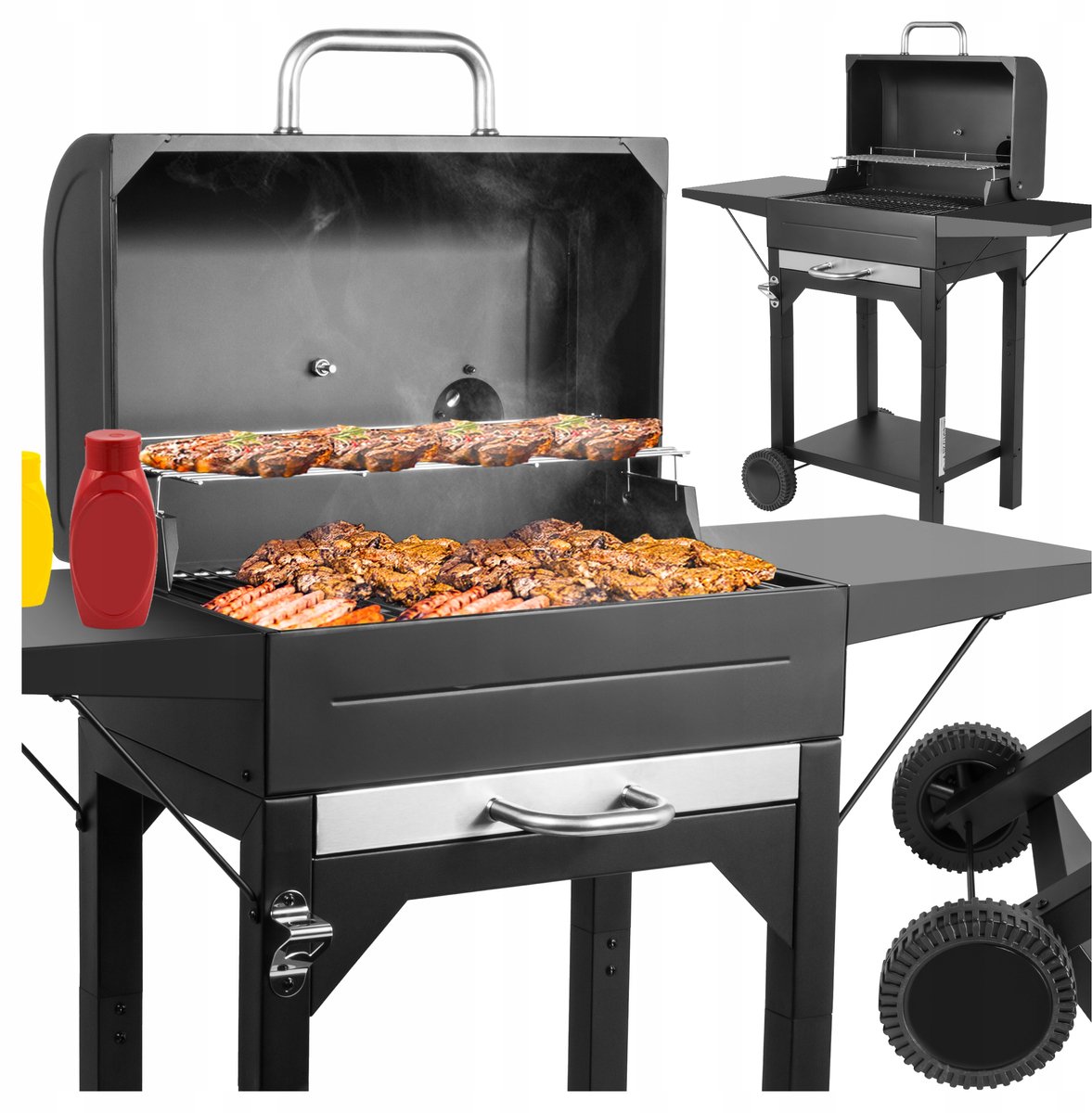 Grote Koolgrill met Deksel, Thermometer & Wielen - Ideaal voor Tuin & Terras