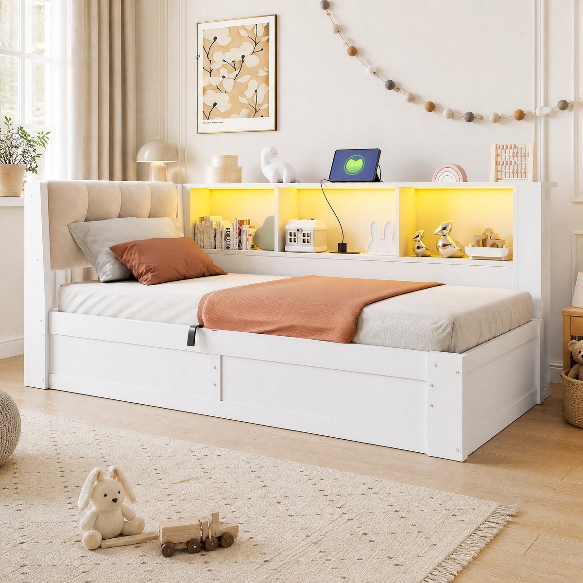 MIVRAY Bed 90x200cm Zonder Matras - Bedbank Met Opbergruimte En LED Verlichting - Met USB En Praktisch Rek - Voor Slaapkamer En Logeerkamer - Hout MDF Stof - Wit