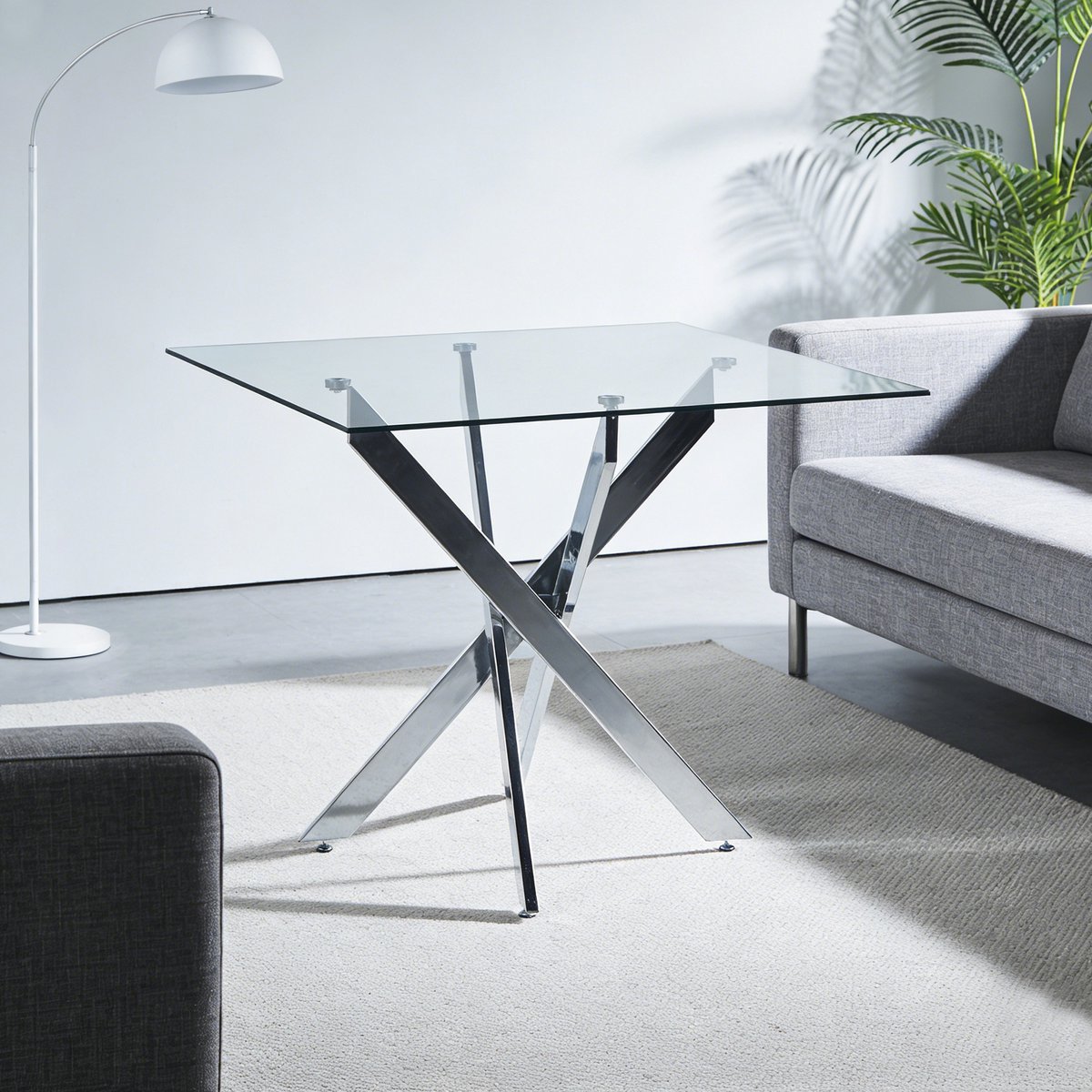 COVREO Eettafel 80x80x75 cm zilver, glas en metaal, modern met X-poot