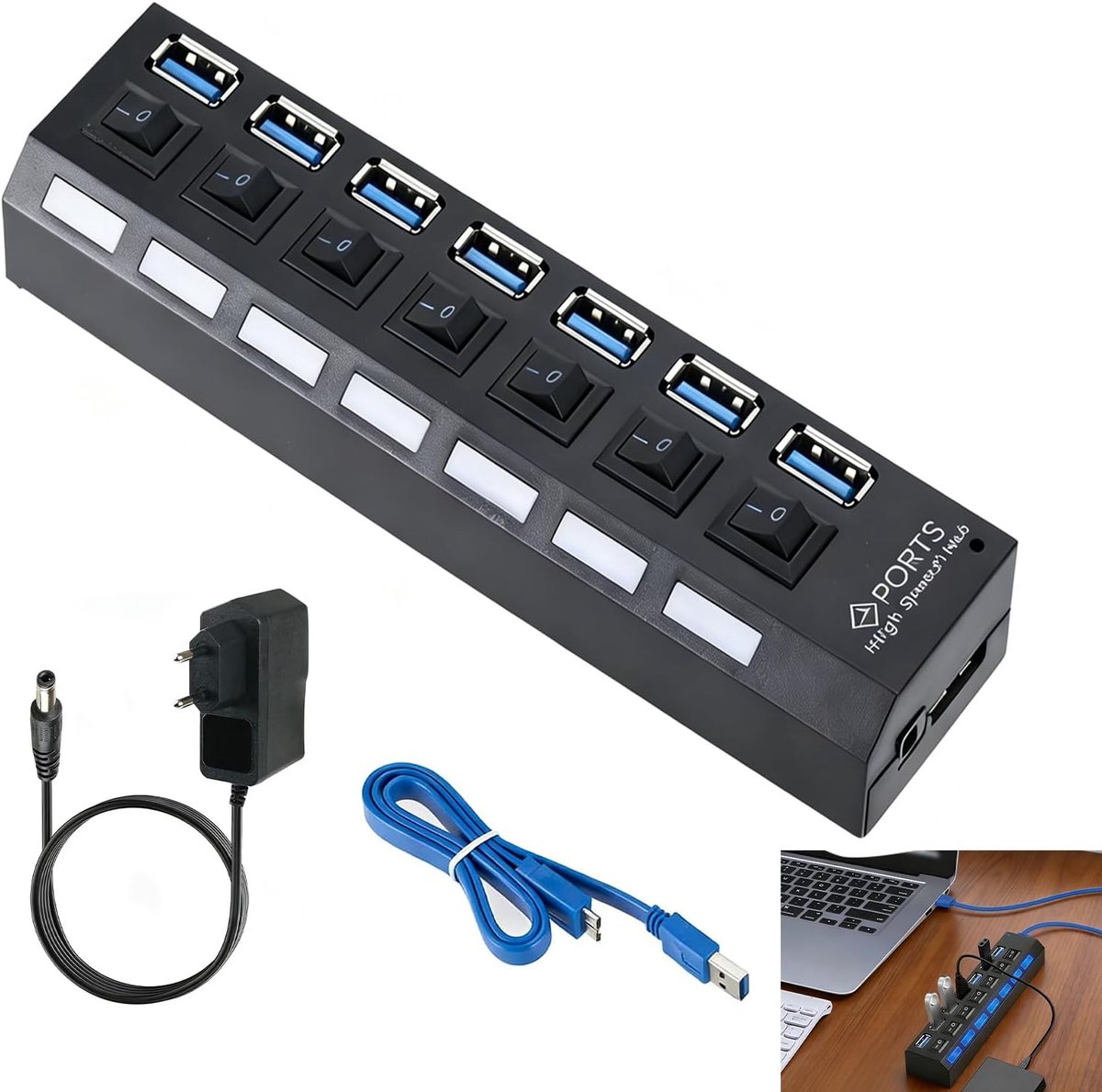 7-poorts USB-hub met schakelaars - USB 3.0 en 2.0 - led-aansluitingen - efficiënt opladen van 7 apparaten - ShopVlot
