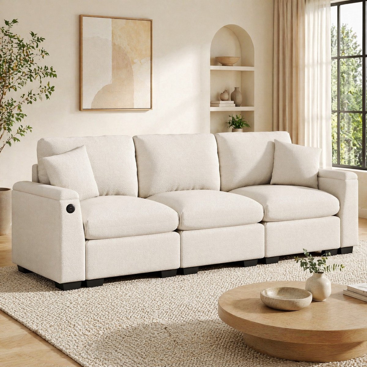 MEUNIQ 3-zitsbank van chenille 242 x 80 x 88 cm met klapbare rugleuning, USB-aansluiting, bekerhouder en opbergruimte, beige voor woonkamer