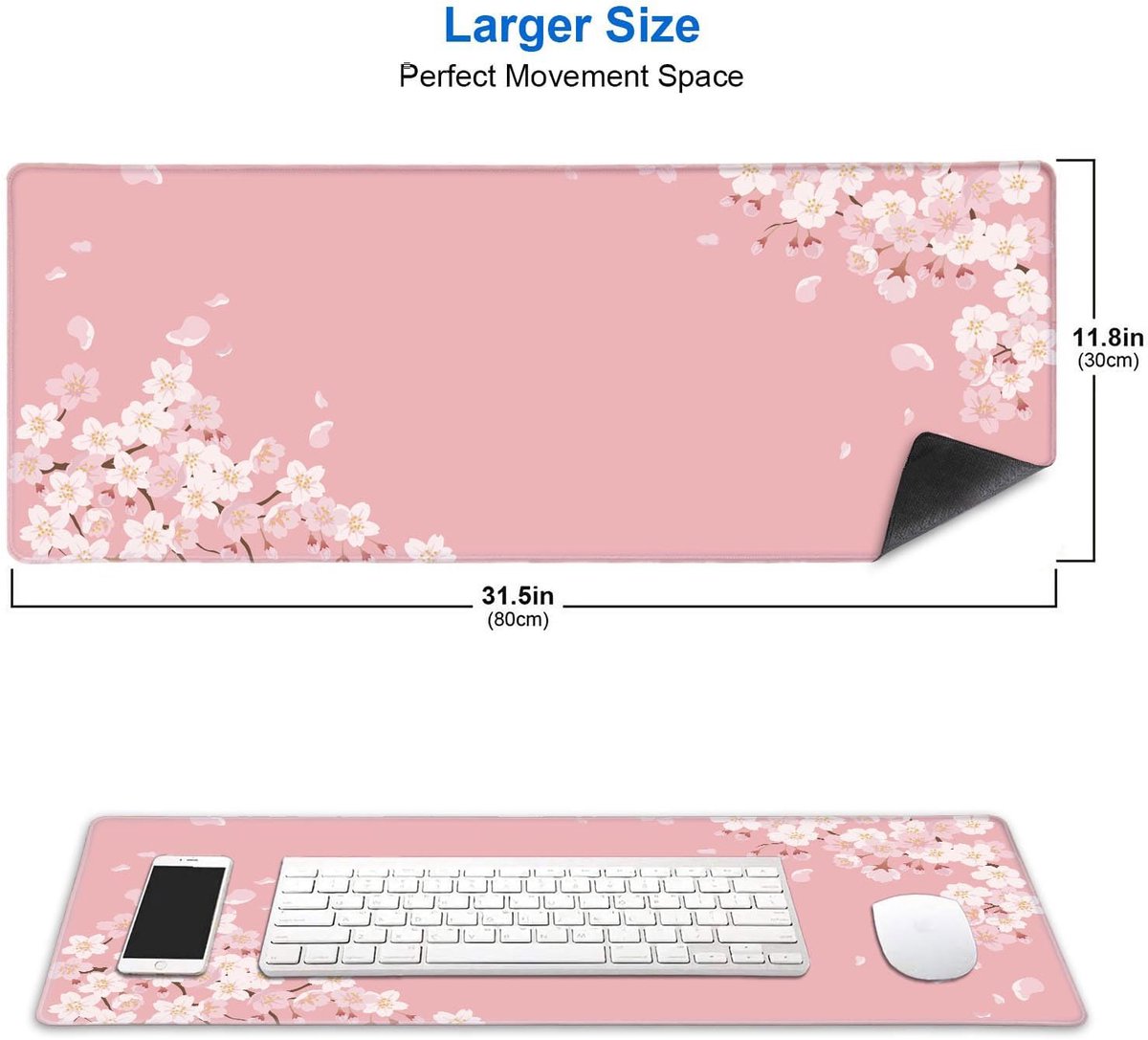 SnelShoppen - Gaming Muismat 30x80 cm met Antislip Onderlegger, Topografische Kaarten, Genaaide Randen, Roze Kersenbloesem, Stijlvolle Muismat voor Ga
