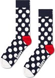 Marineblauwe sokken met witte polkadots en rode hiel en neus. 'HAPPY' op de enkel.
