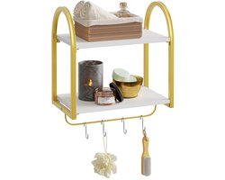 SnelShoppen - Bestier 40 x 24 x 44 cm 2-traps zwevend buisrek, industrieel wandrek met haken, houten wandladderrek voor decoratie en opslag in keuken,