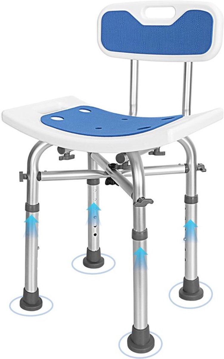 Verstelbare douchestoel met rugleuning, 6 hoogtestanden van 65-77 cm, anti-slip voeten voor ouderen, maximaal draagvermogen 136 kg