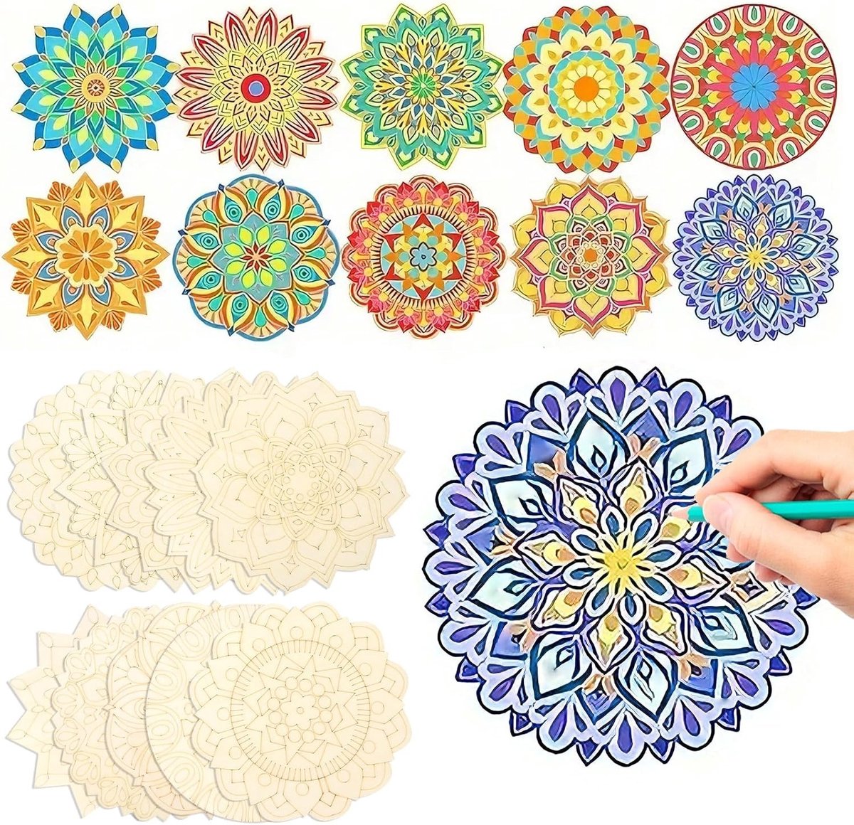 Mandala Schilderset van Hout, 10 Stuks Onbewerkt Hout voor Creatieve DIY Projecten, Decoratieve Rand voor Volwassenen, Ontspanning en Kunstzinnige Activiteiten
