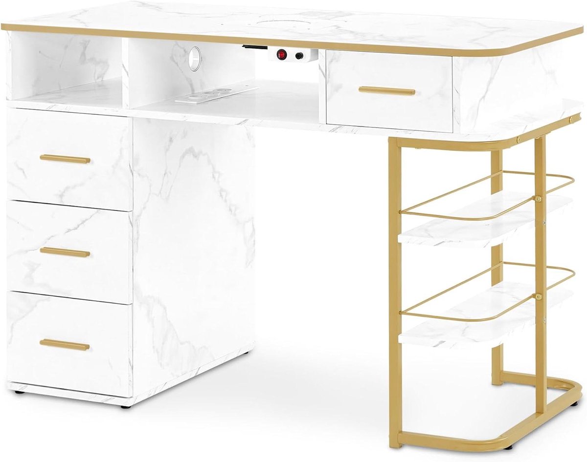 Nageltafel met 4 Laden en 5 Planken voor Nagelsalons - Marmer Wit Gold, 55x112x80 cm