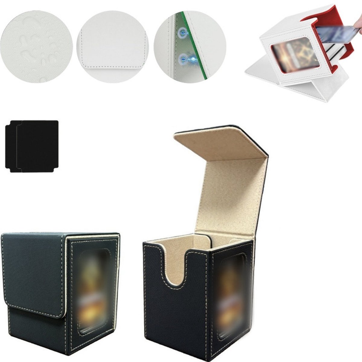 Kaartenopbergdoos – Magnetische TCG-displaydoos – Geschikt voor 100 kaarten met dubbele sleeves – Verticale deckbox van PU-leer – Verzameldoos met kijkvenster – 8,5 x 9,5 x 11,2 cm