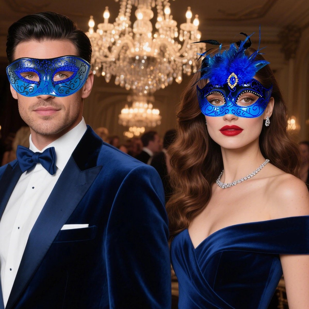 SnelShoppen - MYSEUNI 2025 Veer Maskerade Masker voor Paar Blauw - Verstelbare Hoofdband voor Halloween, Mardi Gras, Cosplay Party - Elegante Feestacc