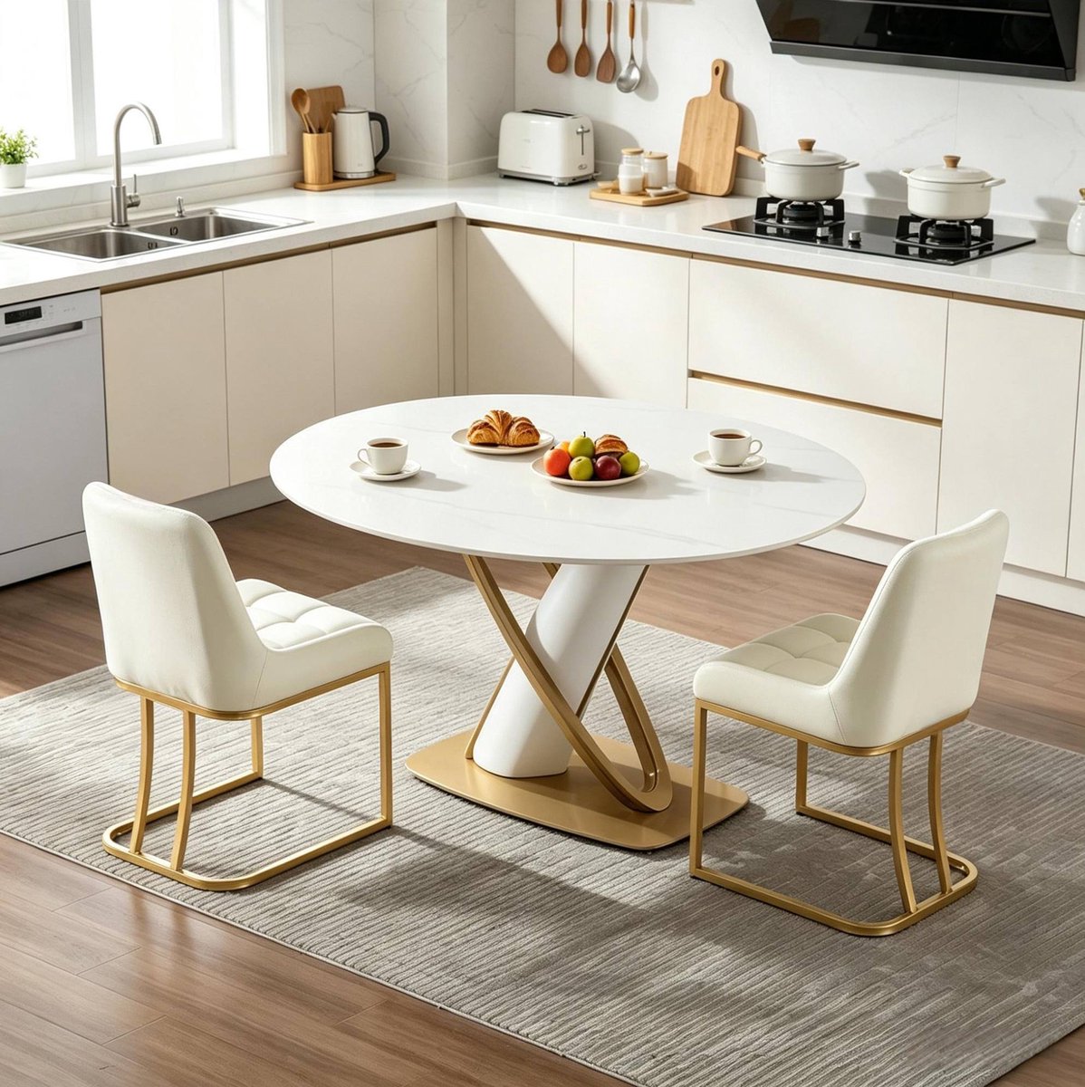 HAUSS SPOLE Eetkamerstoel - Luxe Gestoffeerde Stoel - Set Van 2 - Met Armleuningen En Metalen Frame - Voor Eetkamer En Woonkamer - Fluweel Beige