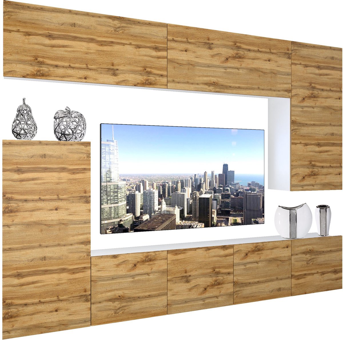 BELINI Wandmeubel NEX 8 - TV-Wandkast Set met LED-Verlichting Wotan Eiken - Hoogglans Fronten
