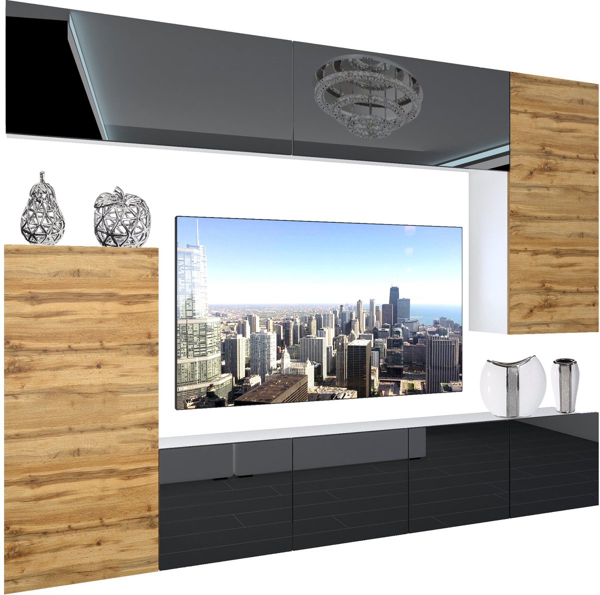 BELINI Wandmeubel NEX 8 - TV-Wandkast Set met LED-Verlichting Zwart / Wotan Eiken - Hoogglans Fronten