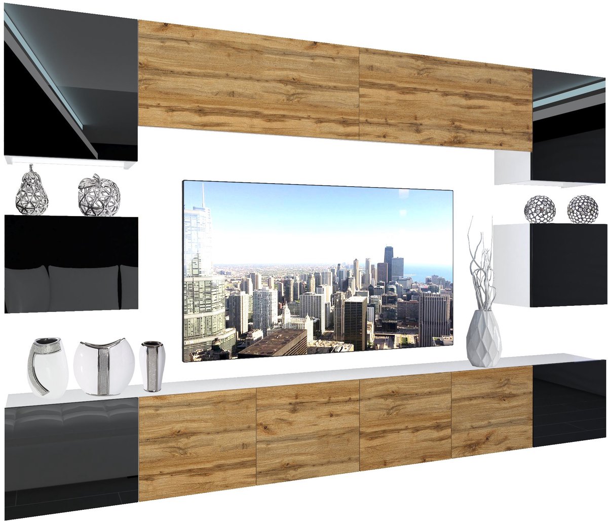 BELINI Wandmeubel NEX 3 - TV-Wandkast Set met LED-Verlichting Zwart / Wotan Eiken - Hoogglans Fronten