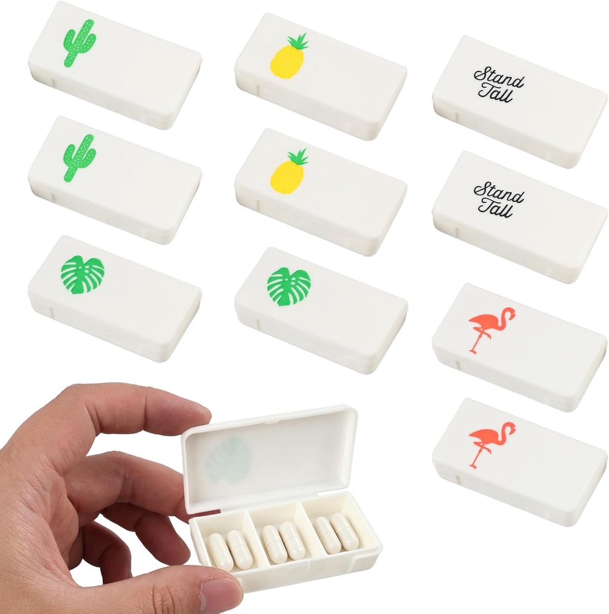 Kleine pillendozen set van 5, mini medicijndozen voor dagelijks gebruik en reizen, compacte en draagbare pillendozen met 3 vakken voor vitamines en medicijnen