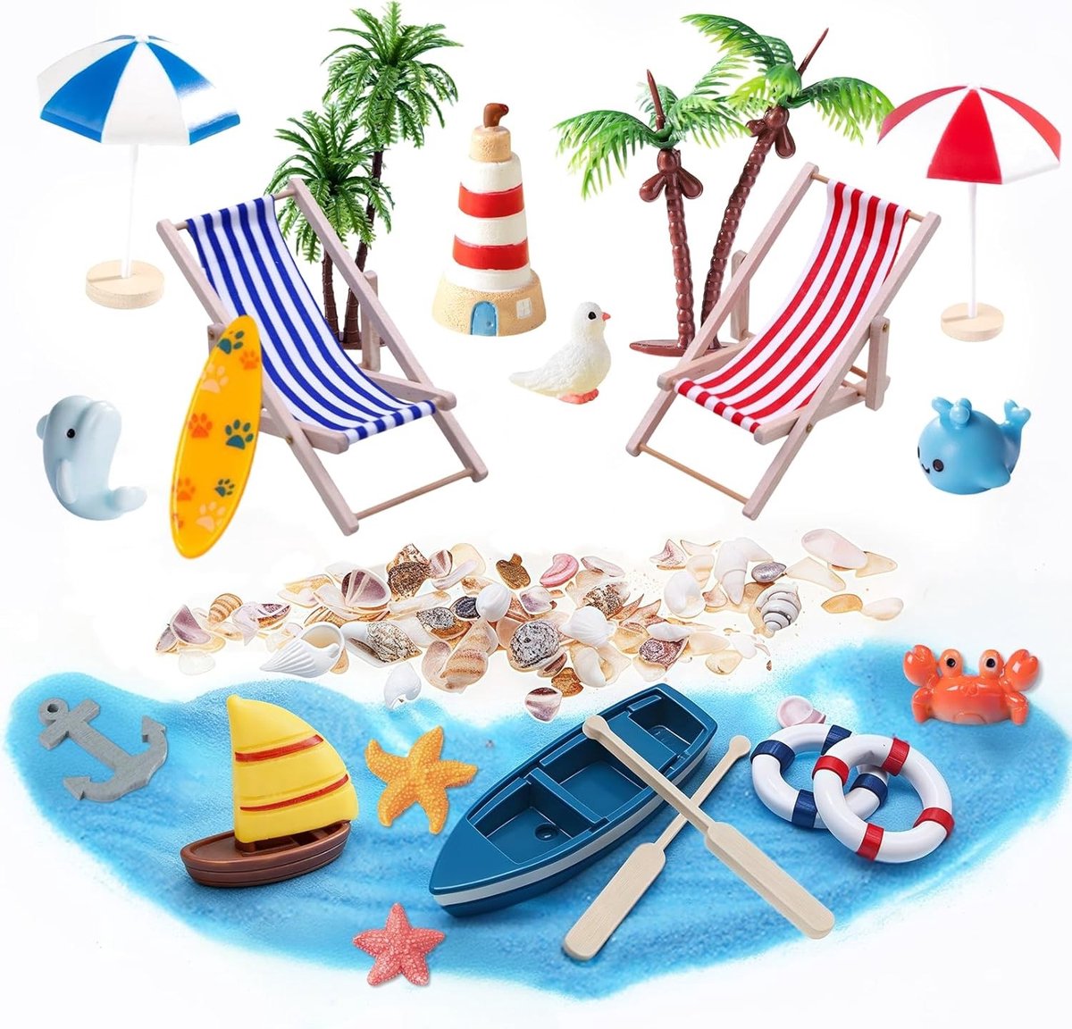 Miniatuurdécoratie voor strandlandschap - 21-delige set met microfiguren en accessoires