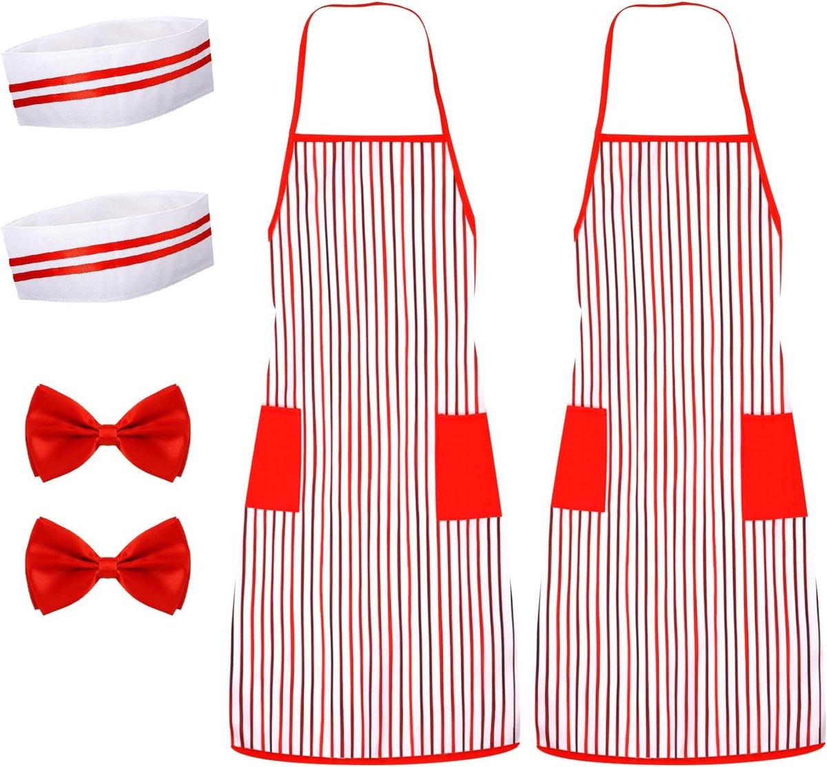 Vintage Waiter Kostuum Set voor Volwassenen met Schort, Chef Hoed en Rode Strik voor Carnaval en Halloween Feestjes