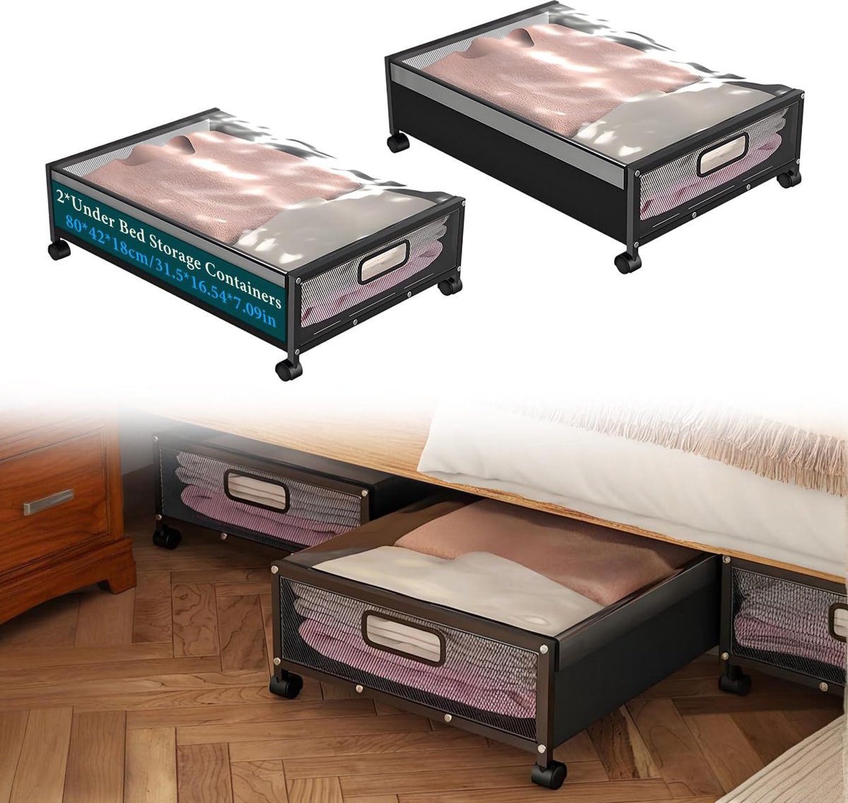 SnelShoppen - Onderbed Opbergbak met Wielen, Onderbed Lade met Metaal Basis, Verdekte Deksel, 80 x 42 x 18 cm, Voor Kleding, Set van 2