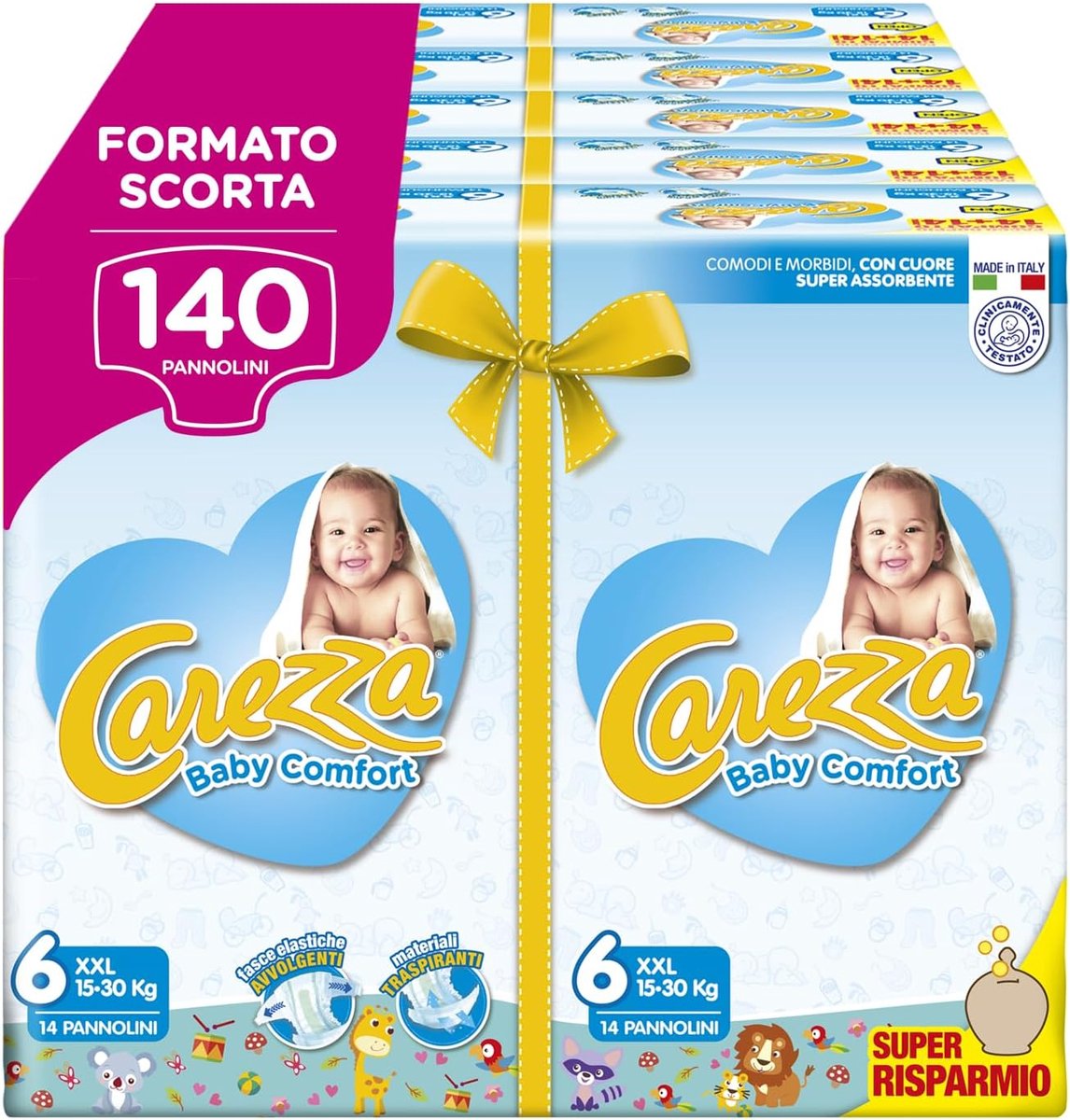 SnelShoppen - Carezza Baby Comfort XXL Luiers Maat 6 (16-30 kg) - 140 Stuks - Super Absorberend, Zacht en Ademend - Perfect voor Baby's en Peuters
